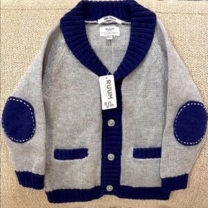 RUUM Baby Boy Grey & Navy Blue Knit Cotton Cardigan w/Elbow Patches sz 6-12 mo